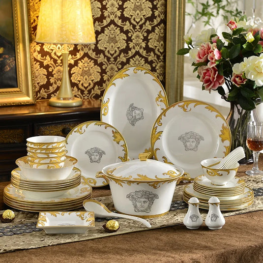 Coffrets de table de luxe en porcelaine 58 pièces Service de table Service à café Plats Bol Cuillère et assiettes