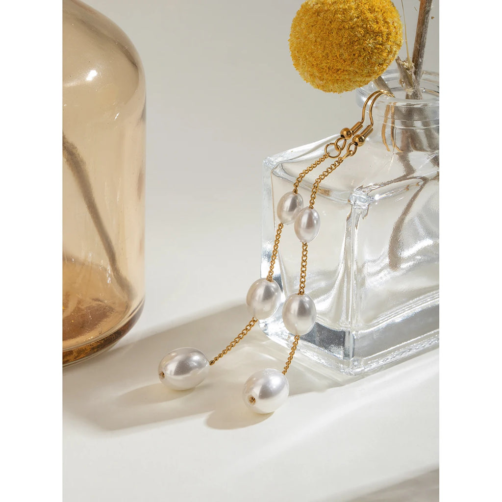 Pendientes colgantes largos con perlas en cadena de acero inoxidable de playa 18K, accesorios para mujeres, joyería de declaración anti alérgica