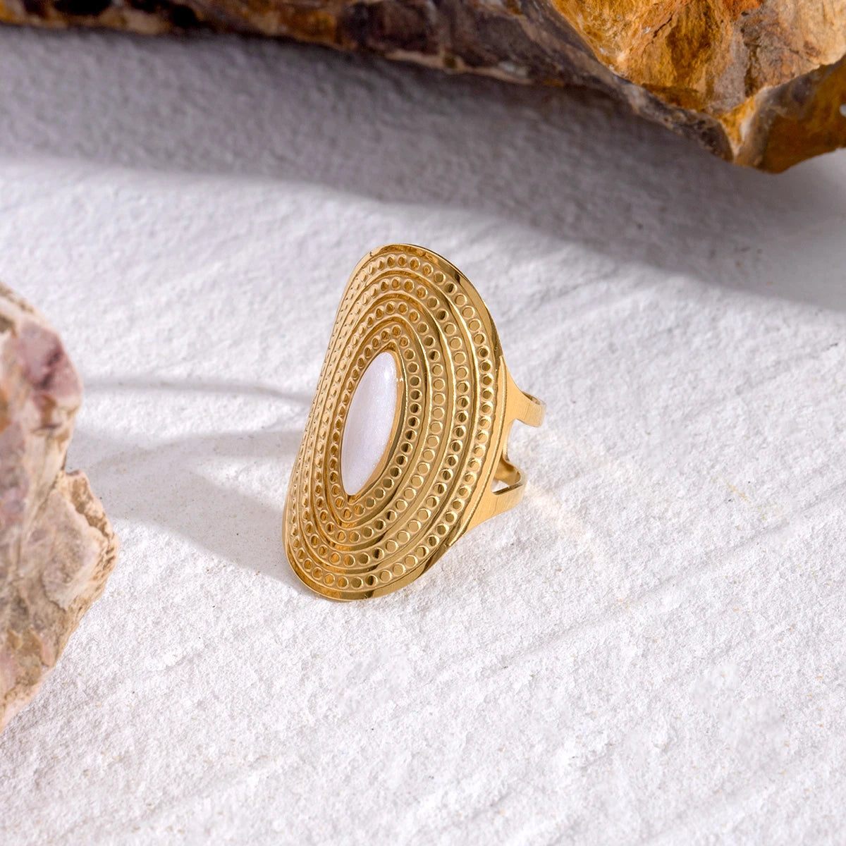 Trendy Horse Eye White Jade Oval Opening Ring Stainless Steel Metal 18K PVD