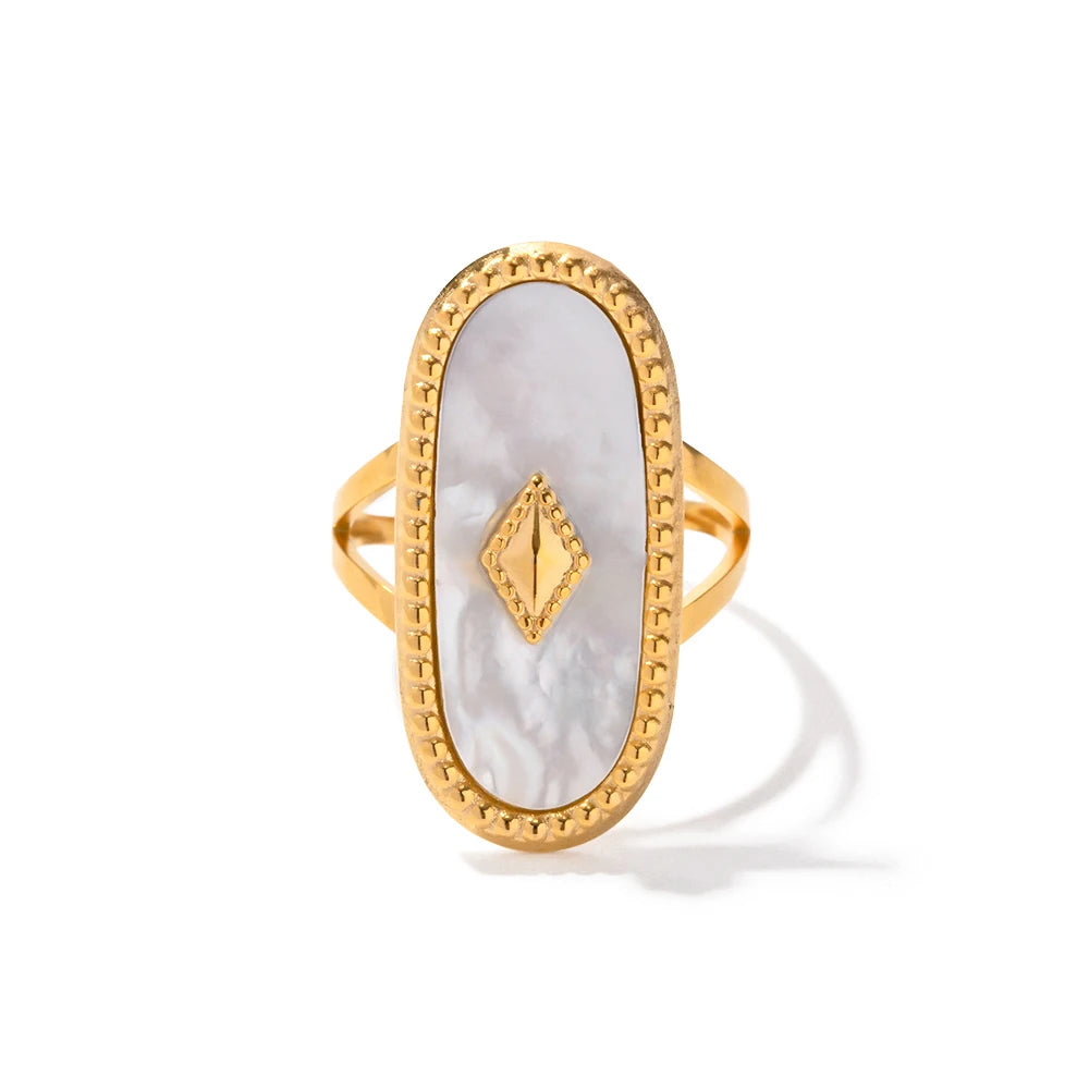 Vintage Oval Design Natural Stone Open Ring For Women Exaggerated Stainless Steel Waterproof Adjustable Jewelry Gift