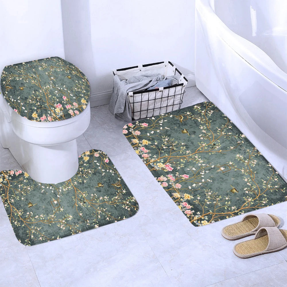Chinese style Flowers and Birds Waterproof Shower Curtain Set Toilet Seat Cover Bath Non-Slip Mat Rug Carpet Bathroom Decor