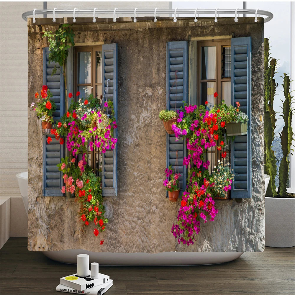 پرده دوش ضدآب چاپ منظره گل فضای باز پلی‌استر 3D نمای خیابان باغ دکوراسیون منزل