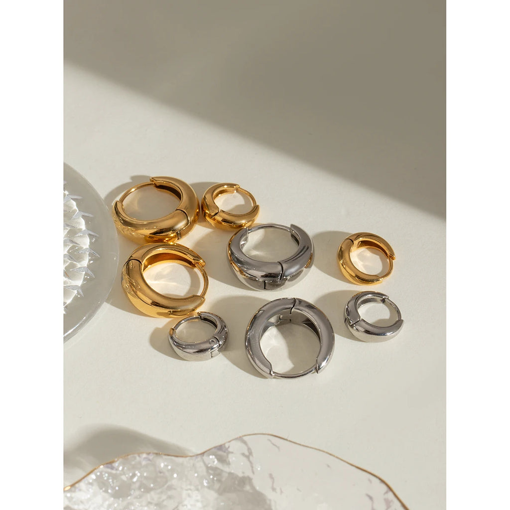 18K Gold Plated Stainless Steel Big Smooth Ear Buckle Women Metal Waterproof Fashion Charm Daily Jewelry Gift