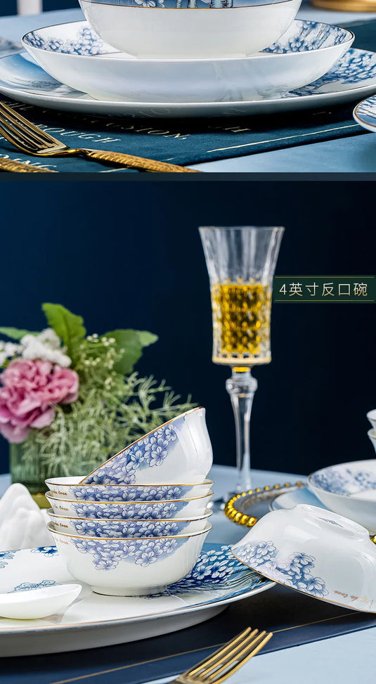 Ensemble complet de bols, plats et assiettes en céramique de Jingdezhen, ensemble de vaisselle en porcelaine bleue et blanche