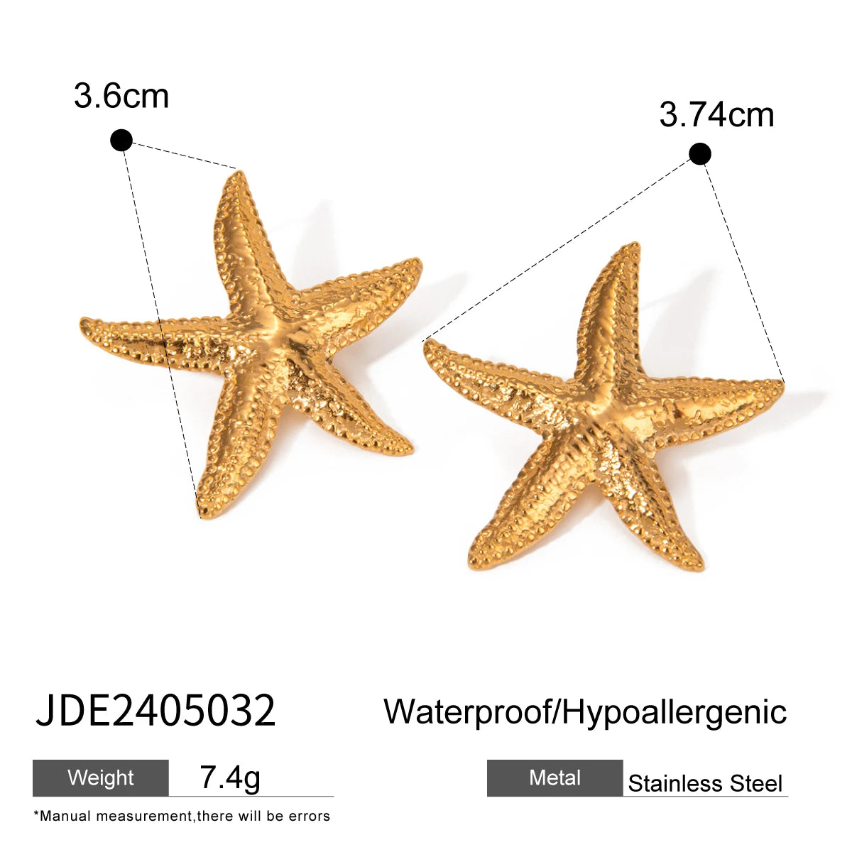 18K vergoldete Edelstahl-Seestern-Steckerohrringe, antiallergisches Metall, wasserdichter Statement-Schmuck für Frauen, Strandgeschenk