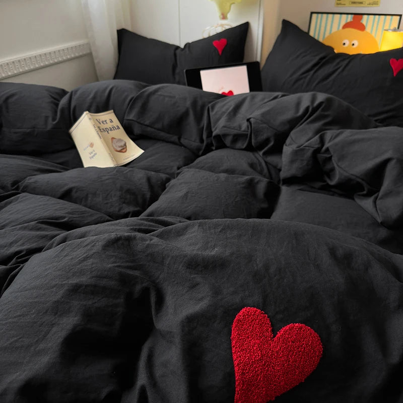 Cool Black Duvet Cover Set Ins Nordic Embroidery Heart Bed Sheet Set Of Four Pieces Home Luxury Bedding Set For Girls