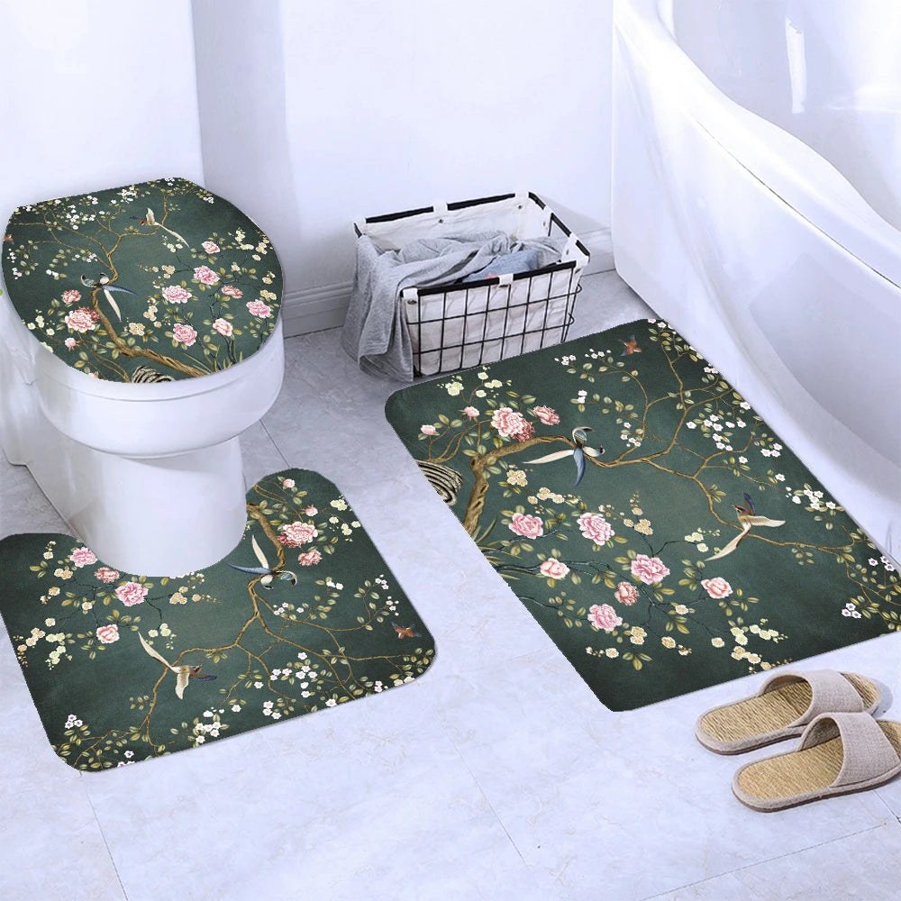 Chinese style Flowers and Birds Waterproof Shower Curtain Set Toilet Seat Cover Bath Non-Slip Mat Rug Carpet Bathroom Decor