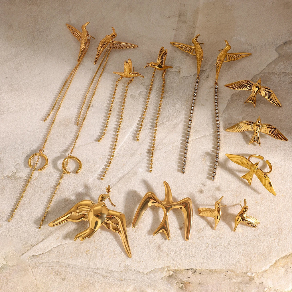 Peace Dove Retro Bird Tassel Earrings Brooch 18K PVD Plated Women Stainless Steel Anti Allergic Rust Proof Stylish Jewelry