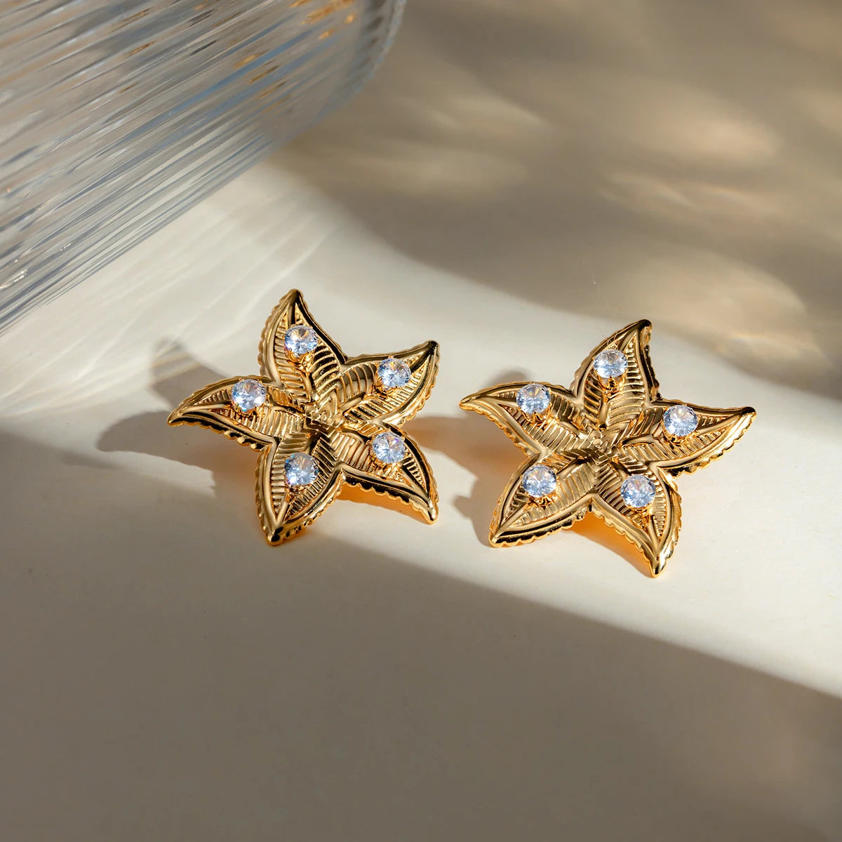 Stainless Steel 18K Gold Plated Starfish Shaped Earrings Inlay Zircon Vintage Statement Stylish Waterproof Jewelry Women