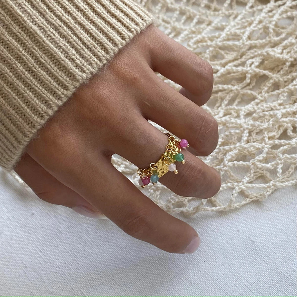 Anel Aberto Feminino de Aço Inoxidável com Pedra Natural Colorida, Padrão de Grão Martelado, Banhado a Ouro 18K Anti-alérgico, Charme para Uso Diário