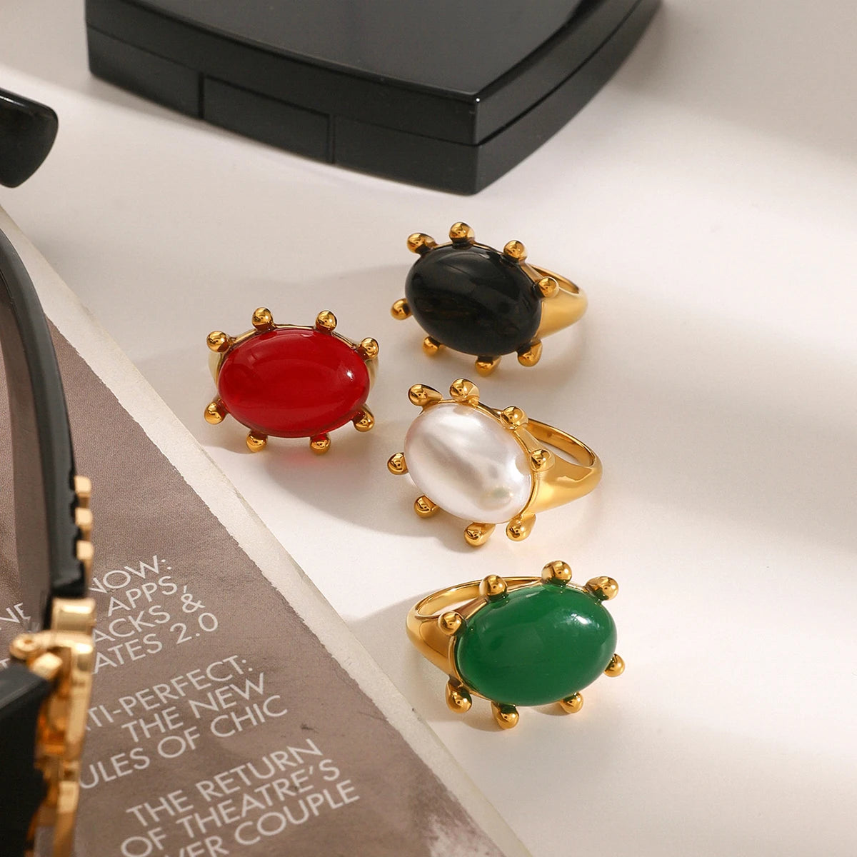 Bague exquise en acier inoxydable plaqué or 18 carats vintage exagérée avec agate verte incrustée taille 7 pour femmes charme tendance chic bijoux