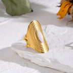 Trendy Horse Eye White Jade Oval Opening Ring Stainless Steel Metal 18K PVD