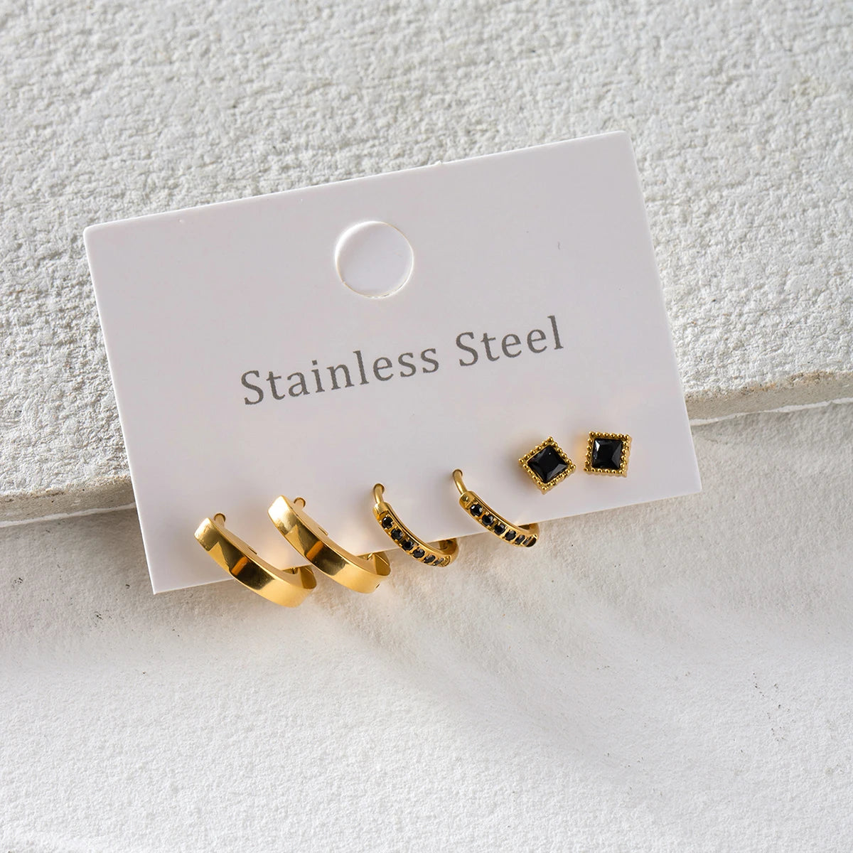 18k Stainless Steel Vintage Black Rhinestones Buckle Earrings 3 Pairs In One Card Women Statement Charm Rust Proof Jewelry