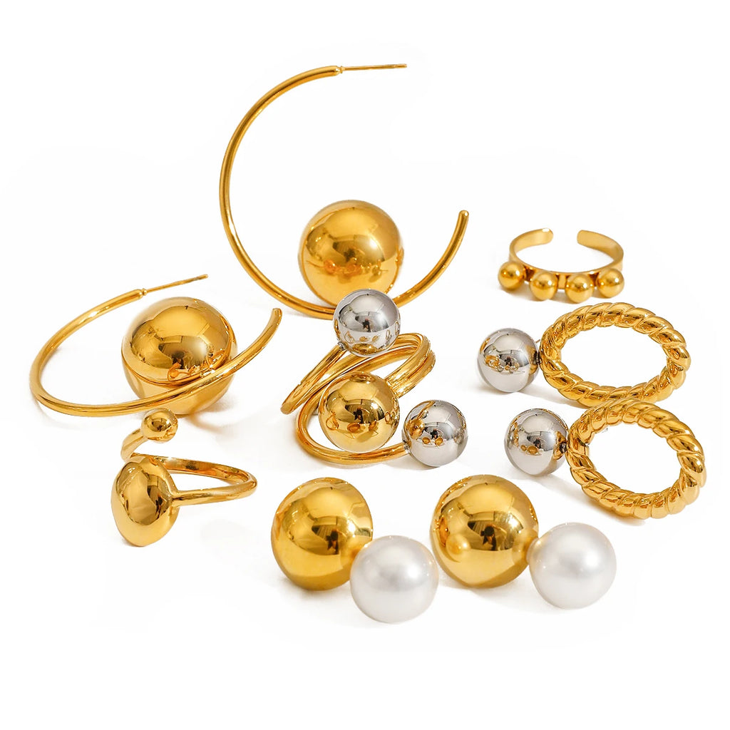 Minimalistische 18k vergoldete glatte Stahlkugel-Serie Ringohrringe aus Edelstahl für Damen, rostfrei, exquisite Schmuck Bijoux