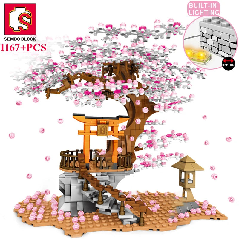 SEMBO BLOCK Sakura Street View Blocks City Cherry Blossom Japanese Sakura Tree Diy House Mini Model Building Children Toys