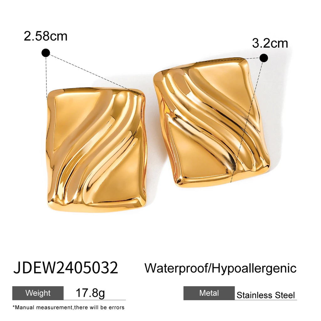 Vintage 18k Gold Plated Irregular Wave Wrinkle Metal Texture Stud Earrings Steel Women Prevent Allergenic Trendy Jewelry