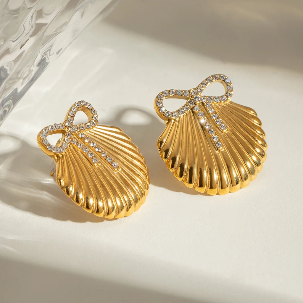 18K PVD Plated Stainless Steel Shell Design Inlay Bowknot Rhinestone Earrings Geometric Waterproof Women Exquisite Jewelry Gift - Grand Goldman