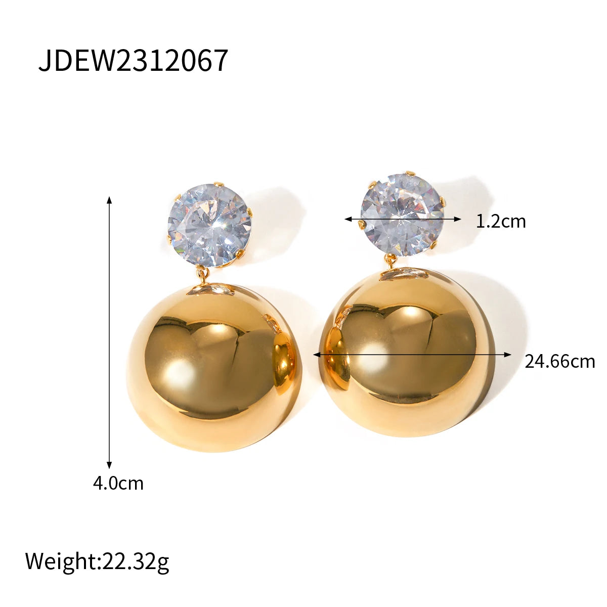 Brincos de Pingente Hemisférico para Mulheres em Aço Inoxidável Banhado a Ouro 18k com Zircônias Incrustadas, Textura Marcante, Estilo Chunky, Presente para Festa