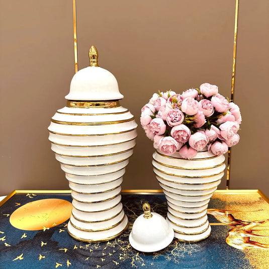 Striped Line Gold General Can Ceramic Sealed Storage Tank Ginger Jar Flower Vase Porcelain Vintage Bottle Home Decoration