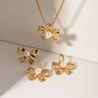 Sløjfeformet 18K PVD belagt statement Metal rustfrit stål indlæg perle vedhæng halskæde/øreringe/ring kvinder smykker Bijoux