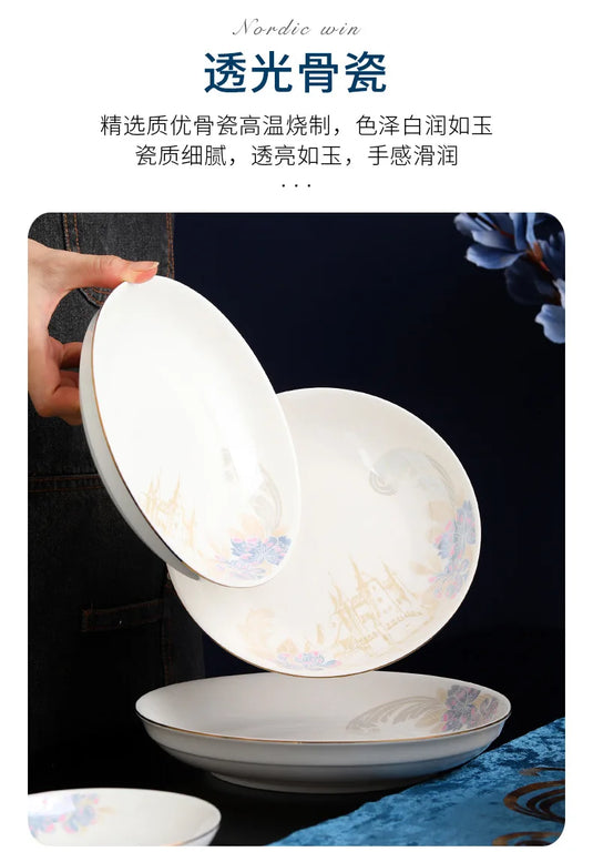 Zimo Flower Phnom Penh Bone Porcelain Tableware, Household Light Luxury Ceramic Bowl and Spoon Set, Bowl and Plate Combination