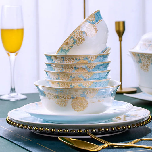 Modern luxury bowls and plates Jingdezhen ceramic tableware, gilt-edged bowls and plates set, household