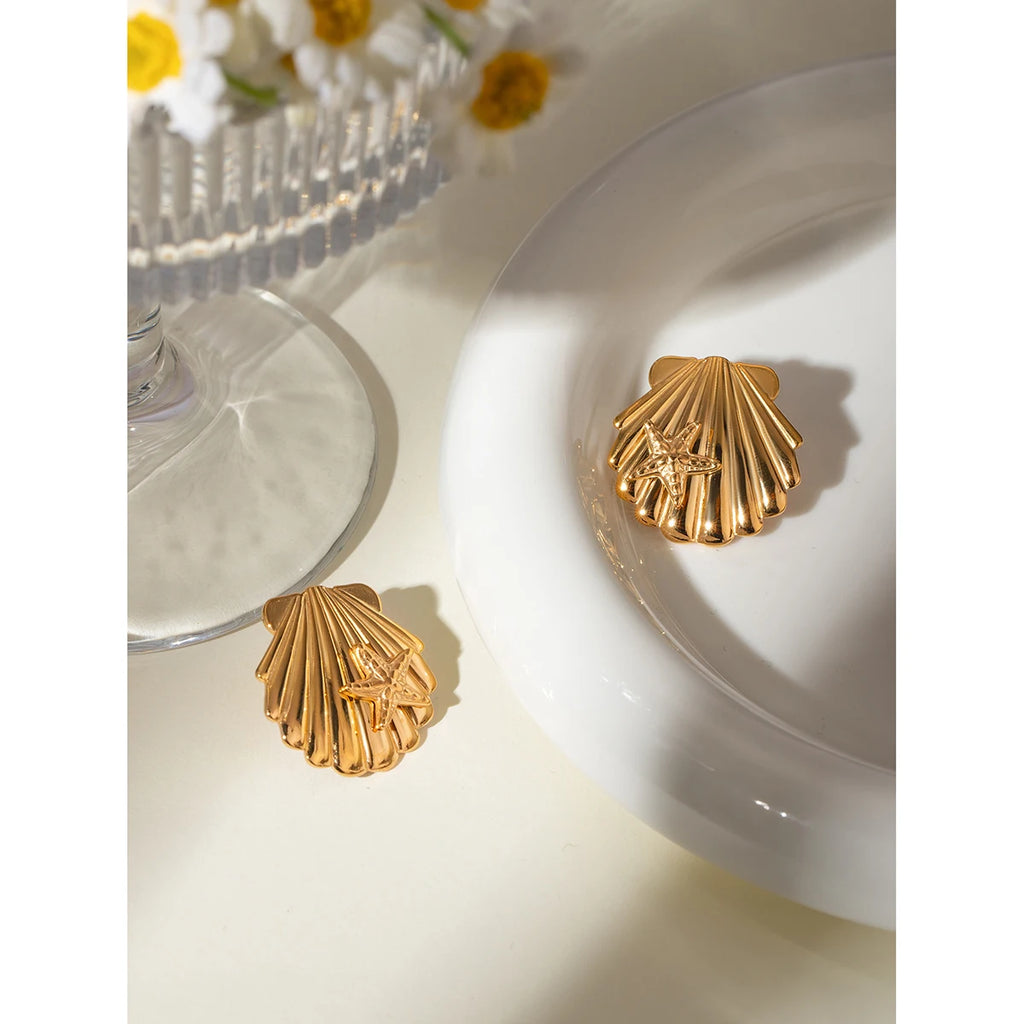 18K PVD-belagt rustfrit stål Simple Shell Sticky Starfish Stud øreringe Vandtætte højkvalitets attraktive kvinders smykker