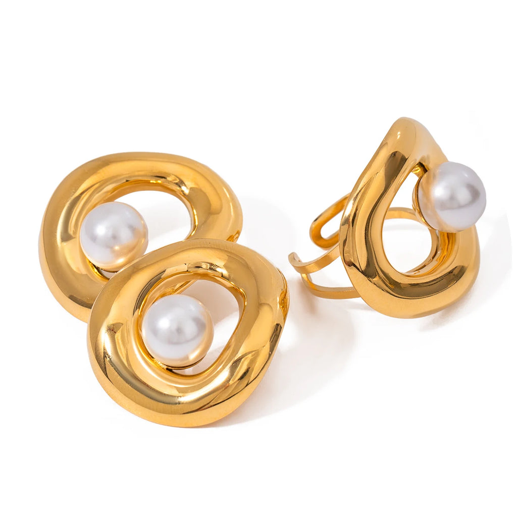 18K vergoldeter Edelstahl Metall gewebt modische Imitationsperle hohl glatt Ohrring Ring täglicher Charme für Frauen Schmuck