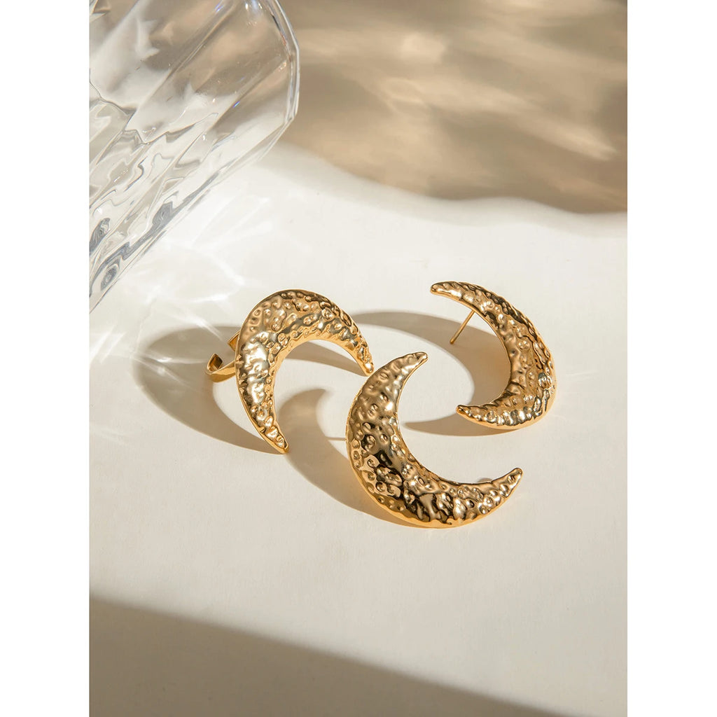 18K PVD Plated Trendy Stainless Steel Hammer Grain Half-Moon Earrings Opening Ring Set Waterproof for Women Gala Gift - Grand Goldman