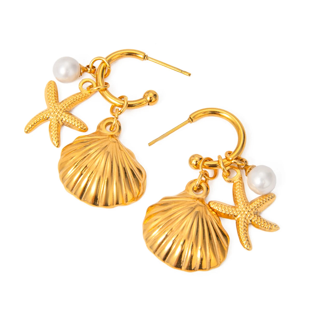 Summer 18K Gold Plated Sea Ocean Series Vintage Gold Starfish Shell Earrings Stainless Steel Statement Waterproof Jewelry