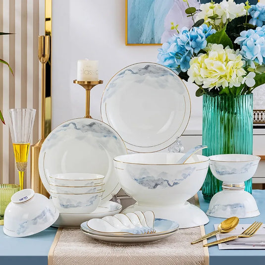 Jingdezhen Light Luxury Wind Bowl and Dish Set Household Bone Porcelain Tableware Bowls, Chopsticks, and Dishes Complete Set