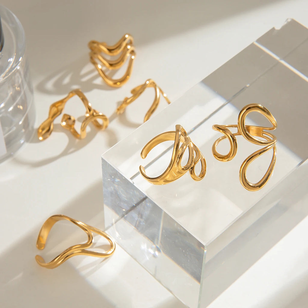 18K Goud Vergulde Bedel Onregelmatige Vloeibare Niche Uniek Lijnontwerp Open Ring Dames Hoge Kwaliteit Roestvrijstalen Sieraden Geschenk