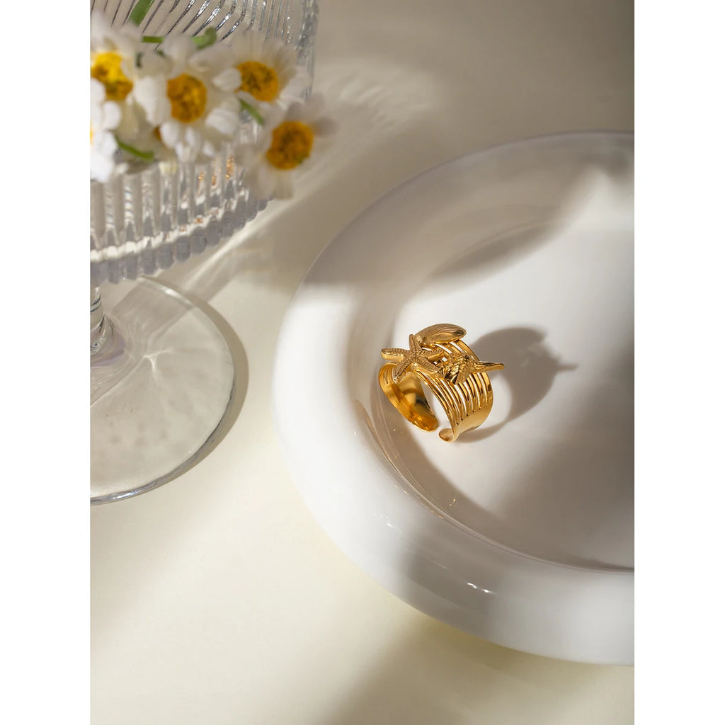 18k vergoldeter, stilvoller, einzigartiger, einfacher Seestern-Muschel-Öffnungsring aus Edelstahl für Frauen, antiallergisch, wasserdicht, Schmuck