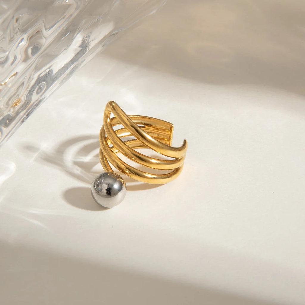Gold Silber Farblich Passender Mehrschichtiger Unregelmäßiger Stahlkugelring 18K PVD Beschichtet Damen Antiallergischer Metallanhänger Täglicher Schmuck