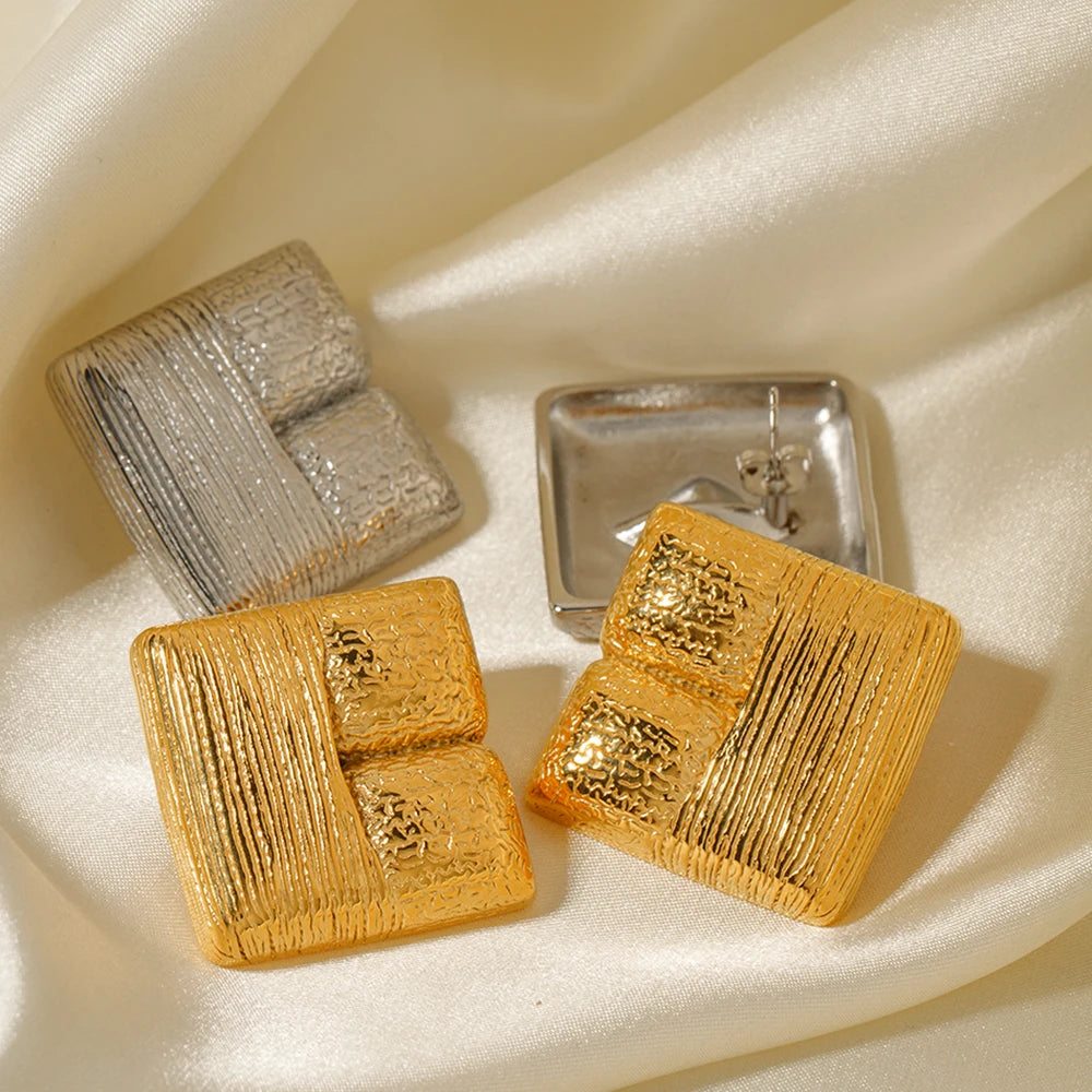 Rustfrit stål 18K PVD-belagt firkantede teksturerede børstede øreringe Chunky Lyse Glat Rustfast Charm Øresmykker Gallagave