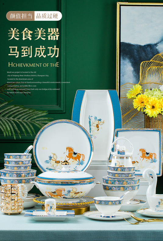 Jingdezhen keramisk service, skål og tallerken sæt, husholdnings nordisk lys luksus guld border bone porcelæn service