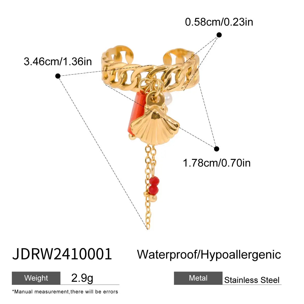 Zora Boho Adjustable Tassel Ring Gold Plated Stainless Steel Chain Coral Pearl Shell Charm Beach Vacation Jewelry