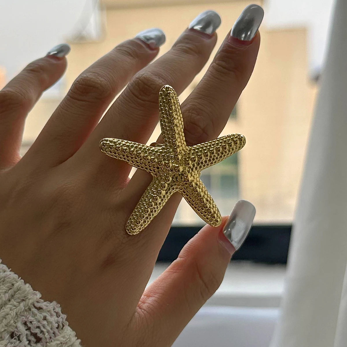 Sea Beach 18K vergoldeter Edelstahl Mode Hammer Korn Seestern Offener Ring Damen Romantische Anhänger Metall Täglicher Schmuck
