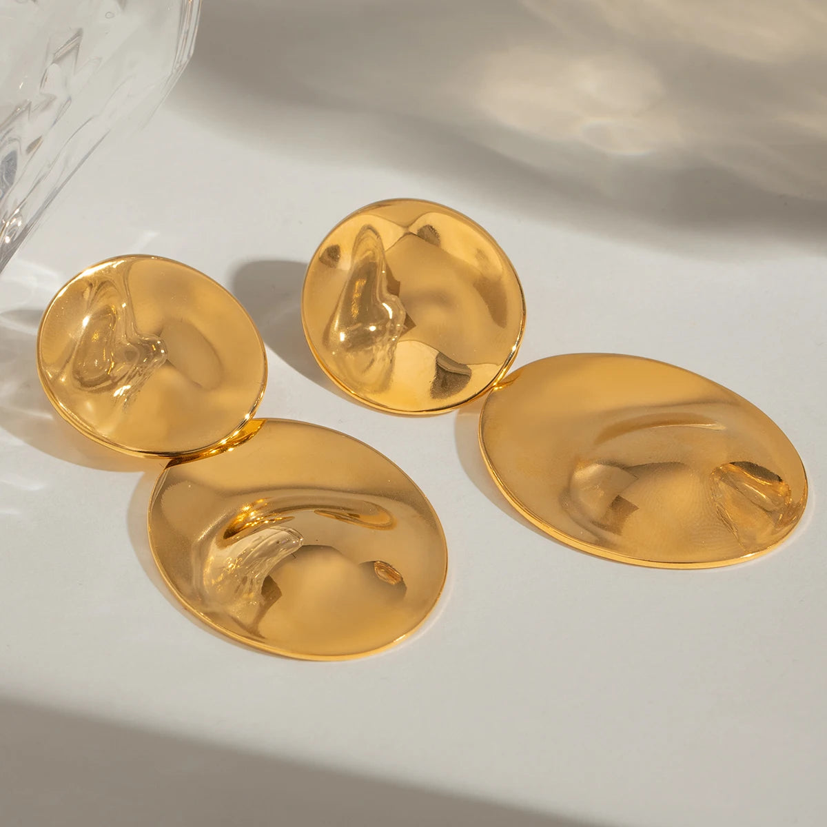 18K Gold Plated Stainless Steel Metal Oval Large Smooth Concave And Convex Earrings Women Daily Metal Texture Trendy Jewelry - Grand Goldman