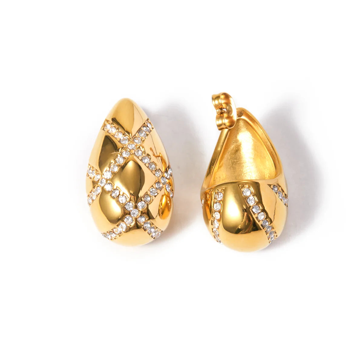 Rhomboid Tasarım 18K Altın Kaplama Paslanmaz Çelik Su Damlası Şeklinde Küpe İnlay Rhinestone Trendy Su Geçirmez Charm Takı