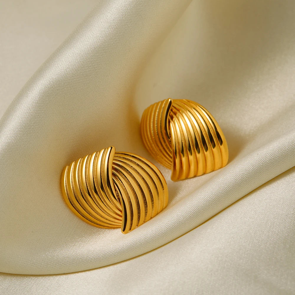 Striped Grain Staggered Stud Earrings For Women Stainless Steel 18K Gold Plated Tarnish-proof Texture Charm Jewelry Femme