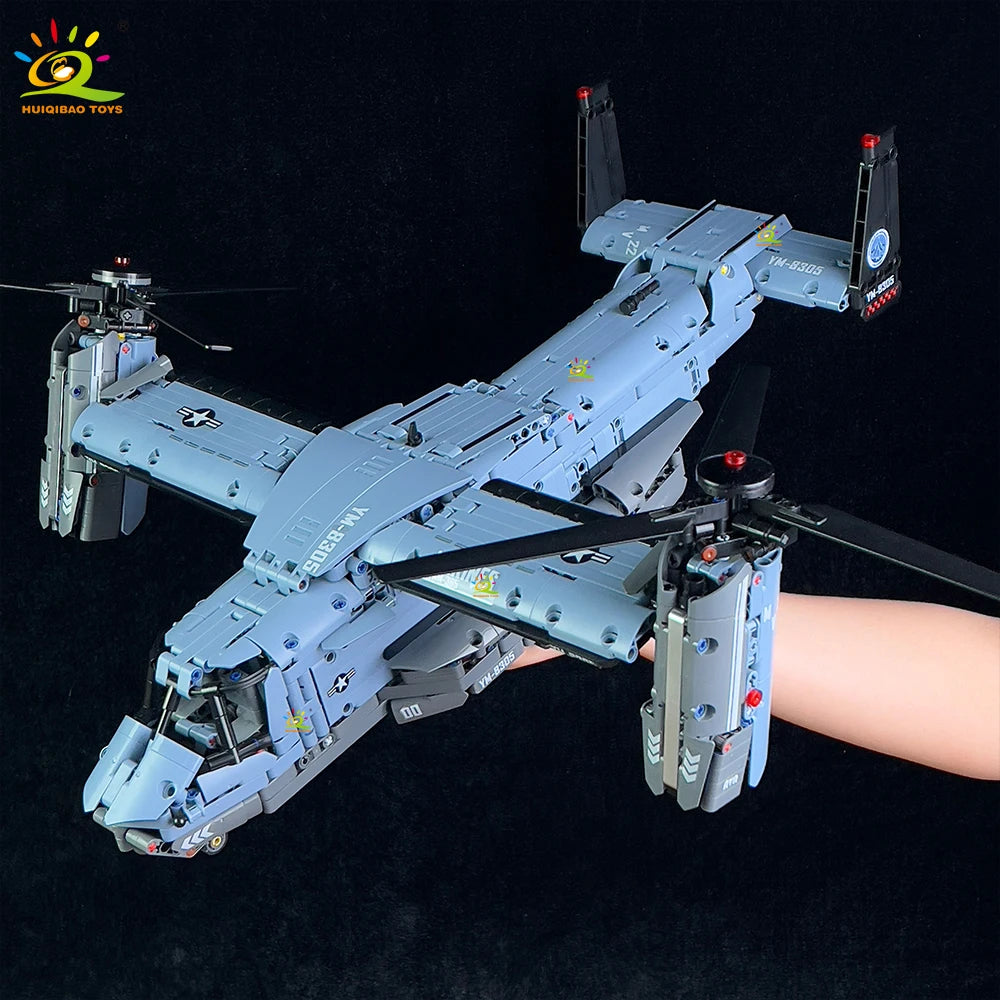 HUIQIBAO MOC 1389PCS V-22 Tiltrotor Aircraft Helicopter Building Block Children Military Airplane model Bricks Toy home Decor.