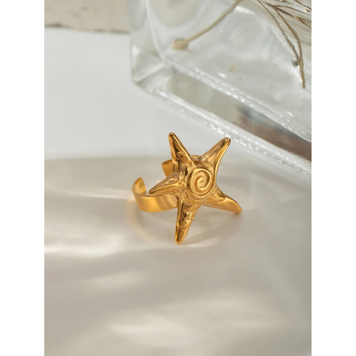 Sommer Strand 18k vergoldeter Edelstahl Vintage Gewindesterne Öffnungsring für Damen Charm Stilvoller goldener Schmuck Geschenk