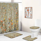 Chinese style Flowers and Birds Waterproof Shower Curtain Set Toilet Seat Cover Bath Non-Slip Mat Rug Carpet Bathroom Decor