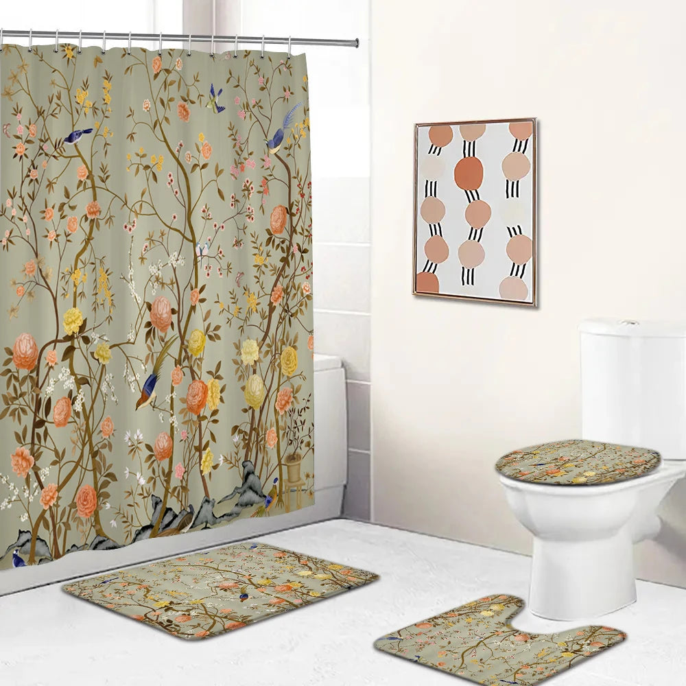 Chinese style Flowers and Birds Waterproof Shower Curtain Set Toilet Seat Cover Bath Non-Slip Mat Rug Carpet Bathroom Decor