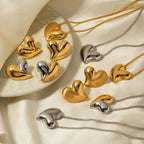 18K Gold Plated Stainless Steel Love Heart Series Smooth Earrings & Necklace Set Semi-detached Brushed Low Key Women Luxury Jewelry