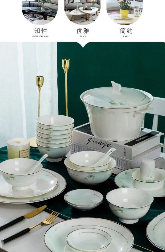 Jingdezhen Bone Porcelain Bowl and Plate Set, Ceramic Tableware Bowl and Chopstick Set