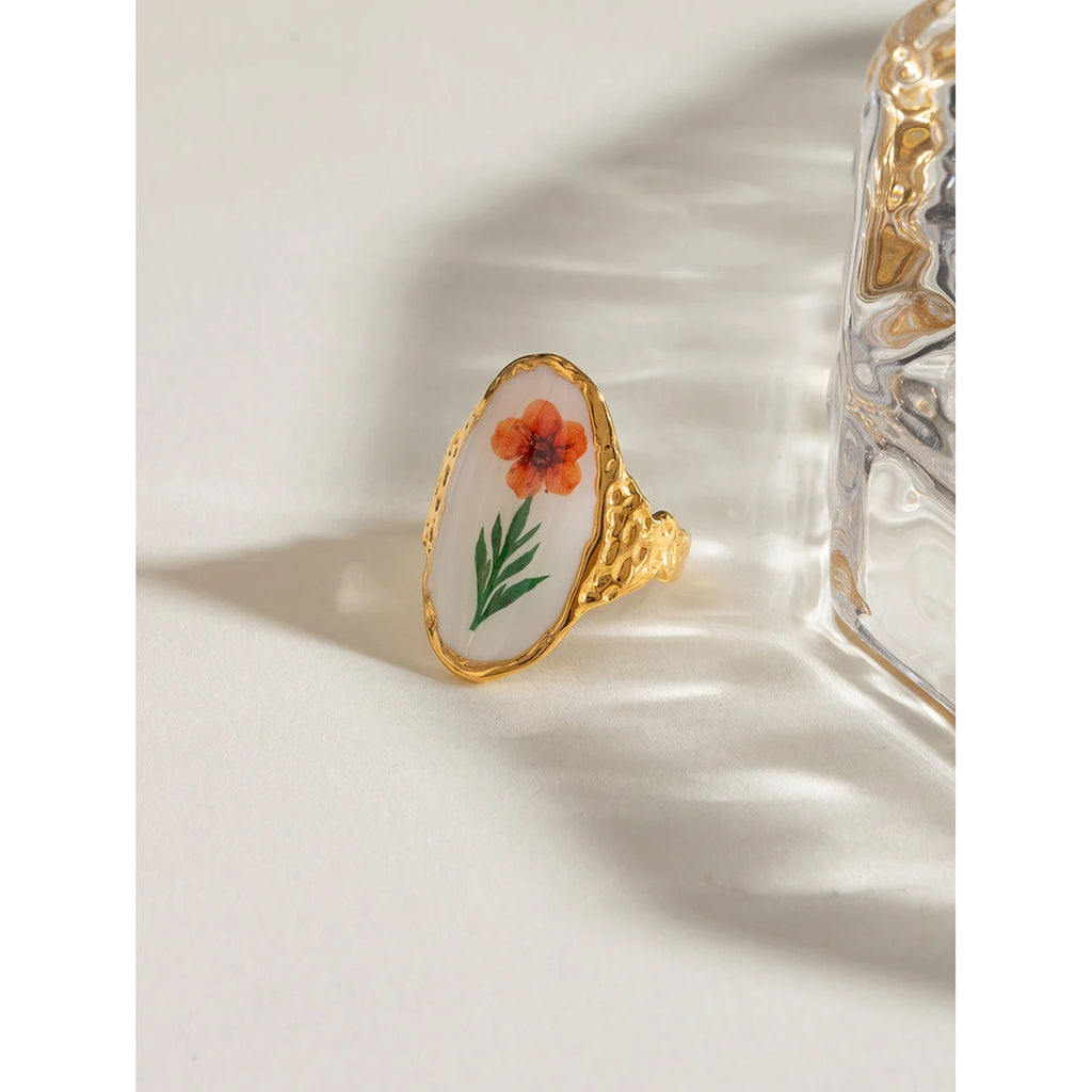 Literarischer Retro Weißer Tropfen Öl Grün Getrocknete Blume Offener Ring 18K Goldbeschichteter Schmuck Edelstahl Damen Wasserdichtes Geschenk