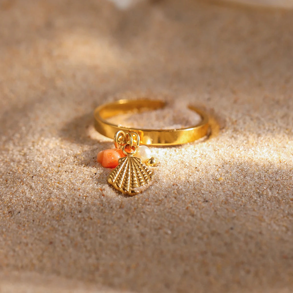 Zora Boho Ocean Style Adjustable Open Ring Gold Plated Stainless Steel Coral Freshwater Pearl Shell Charm Beach Jewelry Gift