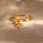 Zora Boho Ocean Style Adjustable Open Ring Gold Plated Stainless Steel Coral Freshwater Pearl Shell Charm Beach Jewelry Gift